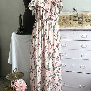 Pink with red flowers & green stems formal, spaghetti adjustable straps, ruffled